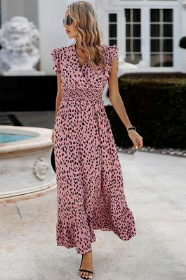 Sleeveless Tie Waist Surplice Wrap Leopard Dress