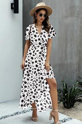 V Neck Print Waist Tie Dress