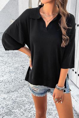 Knit Solid Loose Fit Collar Blouse Sweater
