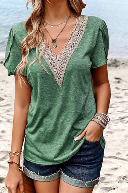 Deep V Neck Lace Ruffle Sleeves Solid Fit Shirt