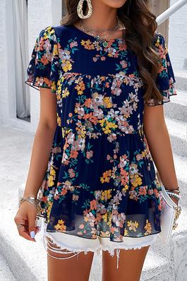 Floral Lined Ruffle Sleeves Round Neck Loose Top