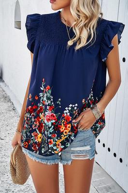 Floral Print Round Neck Ruched Loose Fit Top