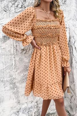 Square Neck Dot Print Ruched Ruffle Fit Dress