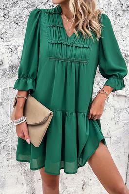 Solid Ruched Pleated Ruffle Loose Fit Dress