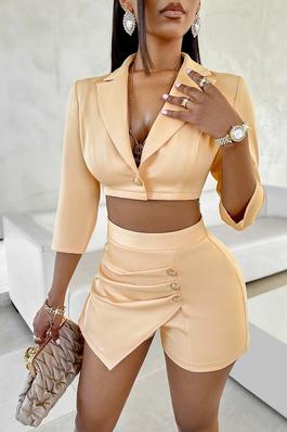 Solid Button Front Open Fit Two Pieces Suits Set
