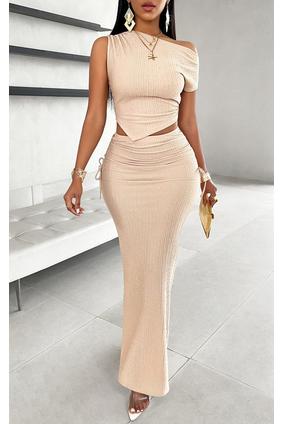 One Shoulder Pleated Ruched Bodycon Long Skirt Set