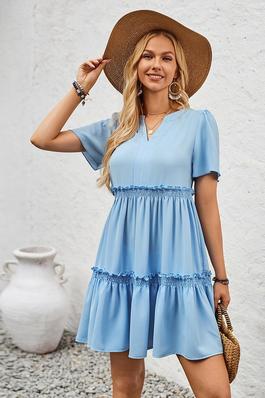 Solid Color Block Ruffle Ruched Loose Midi Dress