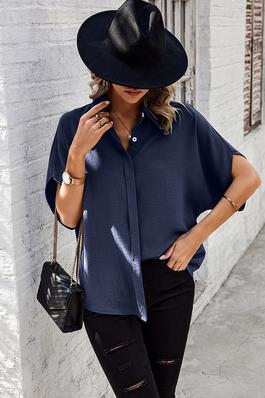 Solid Front Open Button Loose Fit Blouse