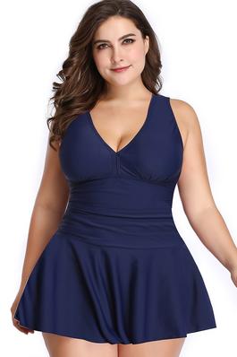 Plus Size Solid Ruffle V Neck Fit Swimsuits