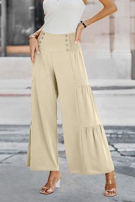 Solid Ruffle Button Wide Leg Pant