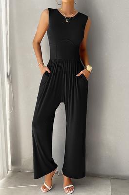 Round Neck Solid Sleeveless Fit Ruched Jumpsuit