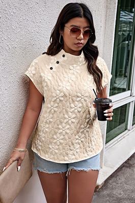 Plus Size Button Loose Jacquard Stand Collar Top