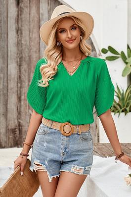 Pleated V Neck Side Open Solid Blouse