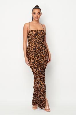 Leopard printed sleeveless ruched maxi dress 