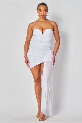 Strapless ruched mini dress with side drape detail