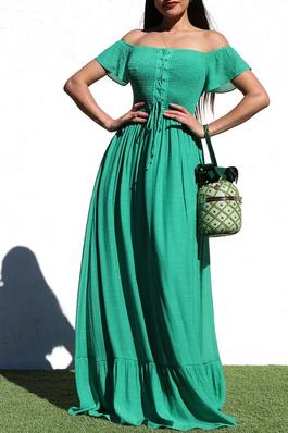 SMOCKED LACE UP WOVEN MAXI DRESS