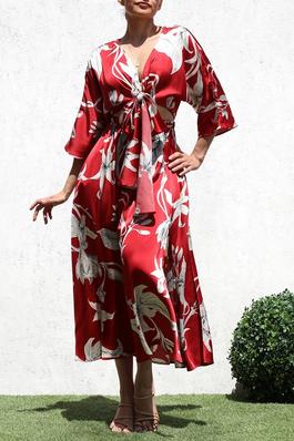 PRINTED TIE-FRONT SATIN LONG DRESS