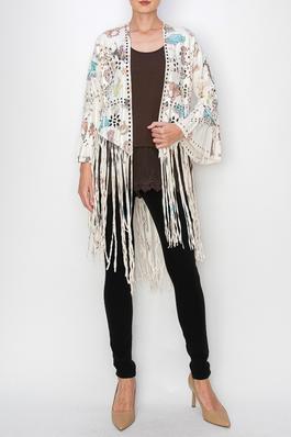 LASER CUT FAUX SUEDE JACKET WITH BELL SLEEVE AND FRINGE