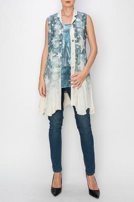 BUTTON-UP VEST WITH COLLAR AND RUFFLES WITH DENIM STAR PRINT