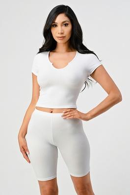 2PC Seamless Ribbed Split Neck Top and Highwaist