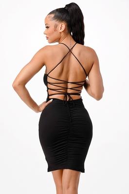 RUCHED BODYCON OPEN BACK DRESS