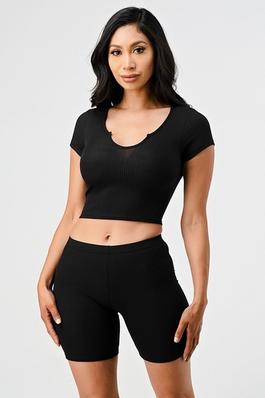 2PC Seamless Ribbed Split Neck Top and Highwaist