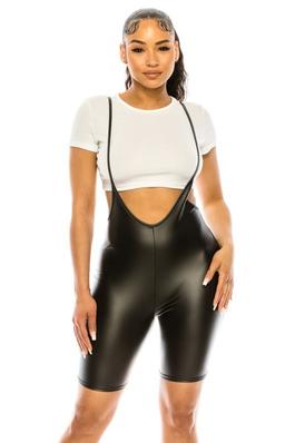 Faux Leather Short Overall 2 Pc Set with Crop Top