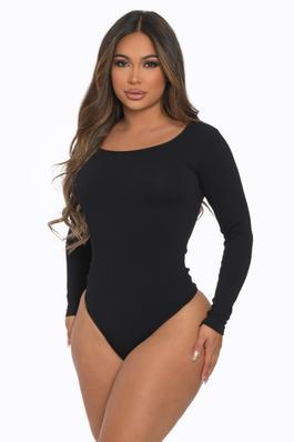 Solid Seamless Ribbed Round Neck Long Sleeve Bodys