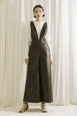 MONOCHROMATIC FAUX LEATHER OVERALL JUMPSUIT