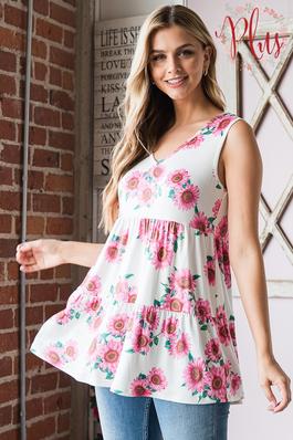 PLUS FLORAL BABYDOLL TOP WITH SHIRRING