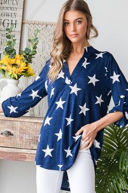 ROLL UP BUTTON SLEEVE COLLAR STAR TOP