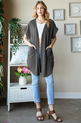 PLUS SOLID URBAN RIBBED OPEN CARDIGAN