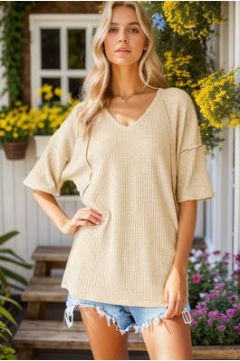 HALF SLEEVE SOLID WAFFLE TOP WITH STITCH
