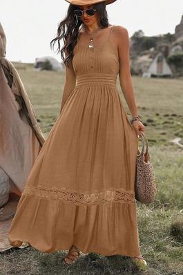 VCAY SOLID COLOR VACATION STYLE LONG CAMI DRESS WITH LACE INSERTS