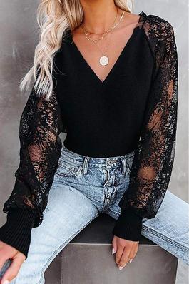 CONTRAST LACE KNIT SWEATER TOP