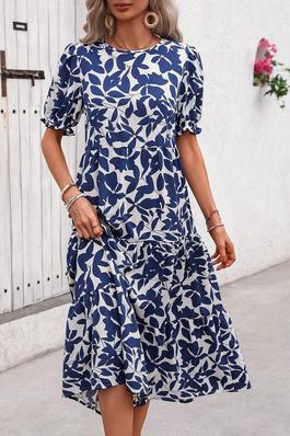 VCAY LEAF PRINT ROUND NECK SUMMER CASUAL HOLIDAY DRESS