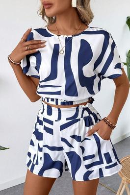 HOLIDAY FASHIONABLE COMMUTING ABSTRACT GEOMETRIC LINES PATTERN GATHERED SHORT TOP AND SHORTS SET