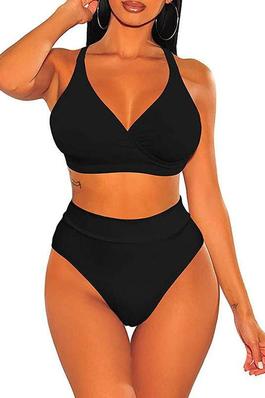 CROSS BACK BANDED HALTER SEXY BIKINI TOP WITH HIGH WAISTED CHEEKY BATHING SUITS FOR WOMEN IN BLACK