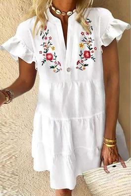 V NECK FLORAL EMBROIDERY RUFFLE DRESS