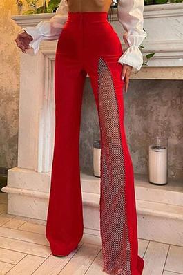 RED PANTS FOR WOMEN POLYESTER HIGH RISE WAIST FLARED TROUSERS