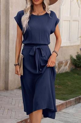 LUNE ROUND NECK BATWING SLEEVE BELTED DRESS