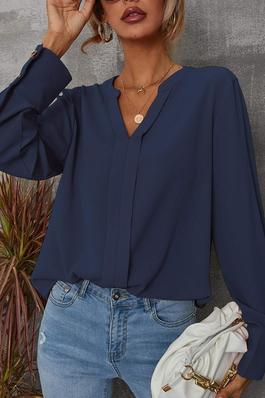 SOLID NOTCHED BUTTONED CUFF BLOUSE
