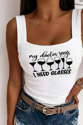 WINE GLASS LETTER PRINT RIBBED TANK TOP