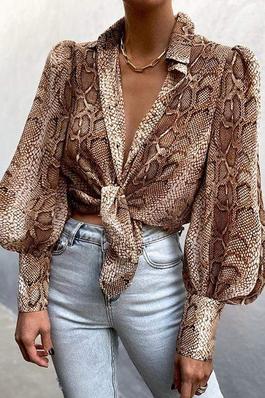 Puff Lantern Sleeve Snakeskin Print Knotted Top