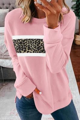 Pink Leopard Splicing Pullover Sweatshirt