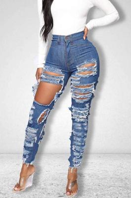 Zipper Fly Cutout Ripped Raw Hem Skinny Jeans