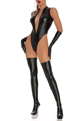 ZIPPER DETAIL PU LEATHER TEDDY WITH GLOVES STOCKINGS