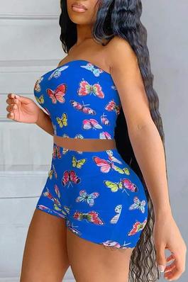 BUTTERFLY PRINT SLEEVELESS SKINNY BANDEAU WITH SHORTS SUIT SETS