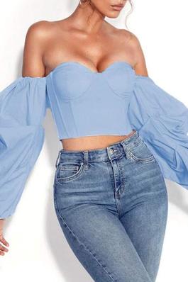 SEXY TUBE TOP FOR WOMEN BATEAU NECK LONG SLEEVES POLYESTER WHITE SUMMER STRAPLESS TOPS