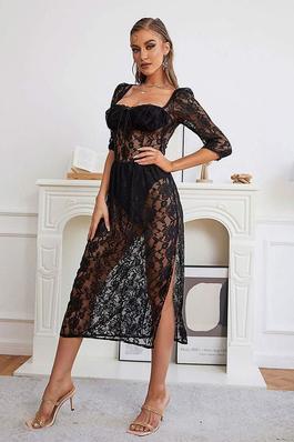 PARTY DRESSES BLACK SQUARE NECK LACE LONG SLEEVES SHEER SEMI FORMAL DRESS